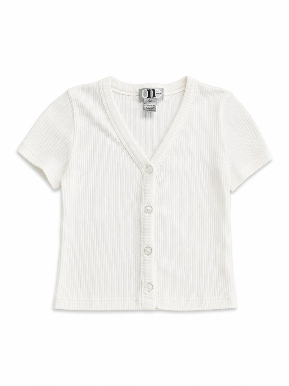 One Step Ahead Vintage White Ribbed Button-Front Short Sleeve Top, Size Large